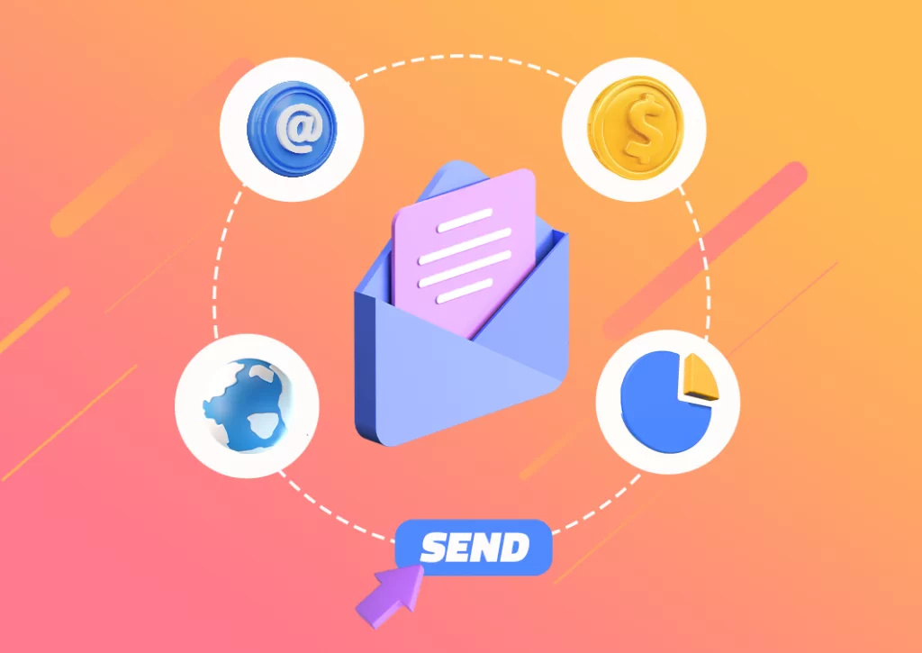 Envelope representado e-mail marketing com figuras representando o planeta terra, um @, uma moeda e um gráfico a sua volta.